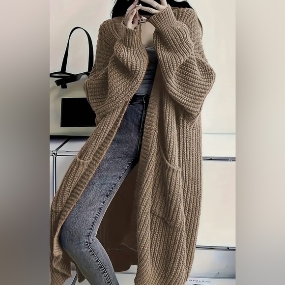 Sweaters - CABLE KNIT OPEN FRONT CARDIGAN WITH  POCKETS KHAKI NEW